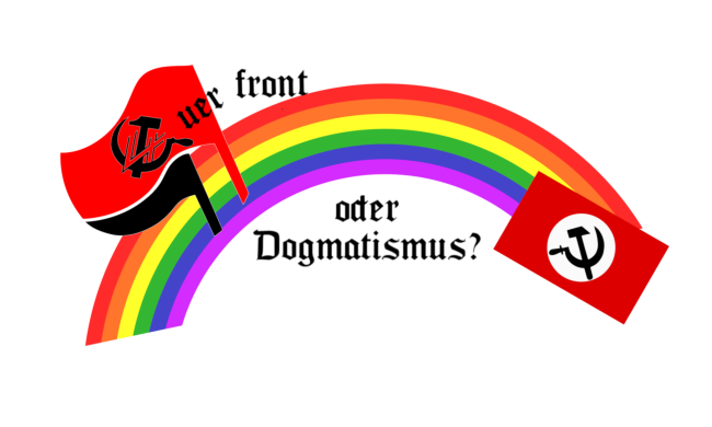 Querfront oder Dogmatismus in Frakturschrift auf einem Regenbogen.