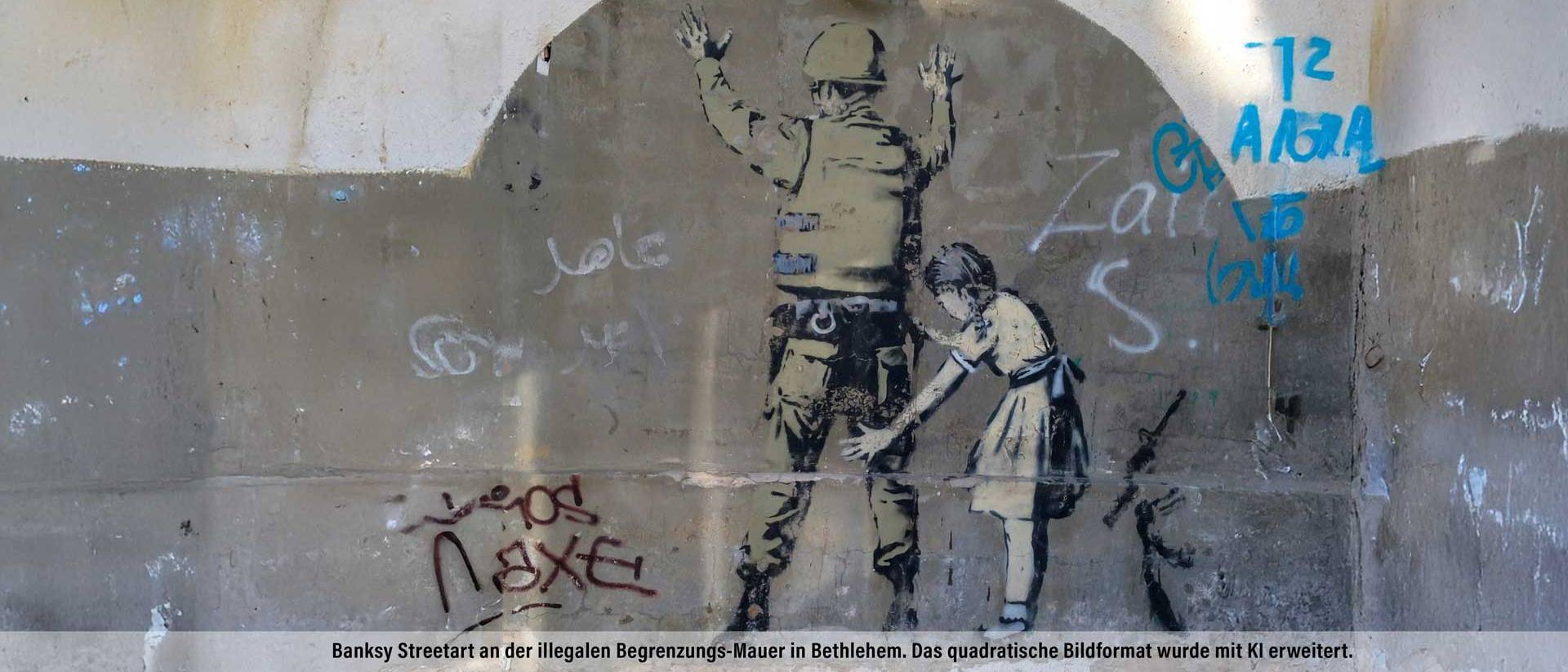Banksy Streetart an der illegalen Begrenzungs-Mauer in Bethlehem. 