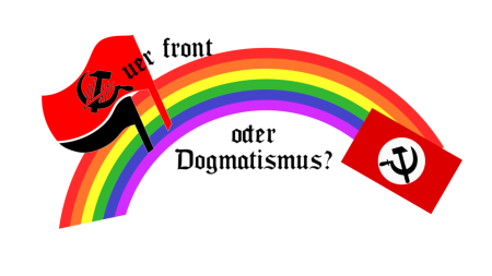Querfront oder Dogmatismus in Frakturschrift auf einem Regenbogen.